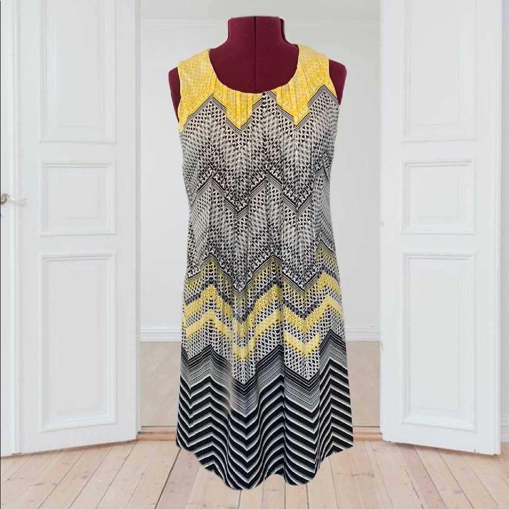 Perceptions Sleeveless Shift Dress Midi Black White Yellow Women's Size M